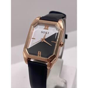 Soki Womens Rose Gold Tank Black Leather Watch New Battery